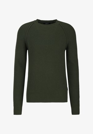 Donkergroene geribbelde gebreide trui met lange mouwen, ronde halslijn en opvallende horizontale en verticale texturen. Heeft een minimalistisch ontwerp.