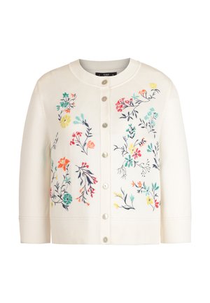 Cardigan bianco con bottoni, ricamato con fiori colorati sul davanti e rifinito con polsini e orlo a coste.