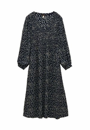 Marineblaues Langarmkleid mit weißen Polka-Dots, geraffter Taille und elastischen Bündchen.