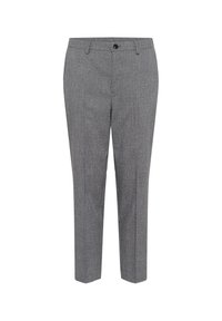 Pantalons gris sur mesure présentant un motif en chevron subtil, un devant plat et une fermeture à un bouton. Tissu lisse avec une coupe structurée.