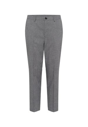 Pantalons gris sur mesure présentant un motif en chevron subtil, un devant plat et une fermeture à un bouton. Tissu lisse avec une coupe structurée.