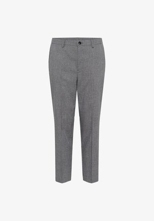 Hallitatud hallid püksid, millel on peen herringbone muster, lame esipind ja ühe nööbiga sulgemine. Sile kangas ja struktureeritud lõige.