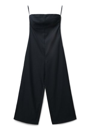 Jumpsuit noir sans bretelles avec une coupe ample, des jambes larges, un tissu texturé avec des fines rayures et une finition lisse.