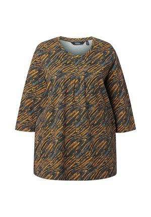 Długi rękaw top w ciemnoszarym kolorze z abstrakcyjnym pomarańczowo-szarym wzorem; posiada okrągły dekolt oraz detale w postaci plis w przedniej części.