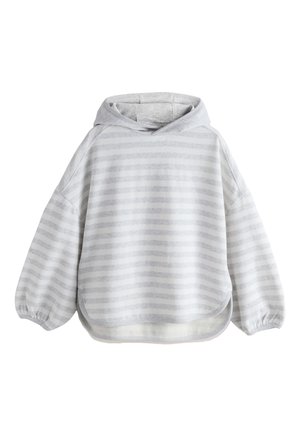 Lysegrå sweatshirt med hætte og lange, puffede ærmer. Har vandrette striber i en en smule mørkere grå. Blød tekstur.