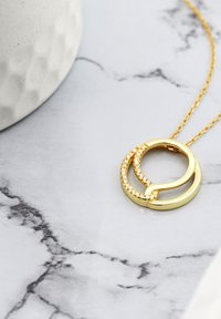 Guldkæde med to sammenflettede cirkulære vedhæng, hvoraf det ene er prydet med klare glitrende sten, hængende på en fin guld kæde.