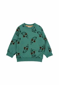 Felpa verde a maniche lunghe, con stampe di razzi con occhiali da sole. Testo "THE NEW" integrato nel motivo.