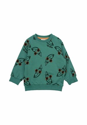 Sweat-shirt vert à manches longues, avec des motifs imprimés de fusées portant des lunettes de soleil. Texte "LE NOUVEAU" intégré dans le motif.