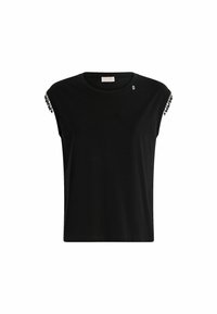 T-shirt nera a maniche corte realizzata in tessuto morbido, con perline decorative sulle spalle e scollatura rotonda. Design semplice.