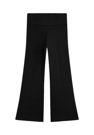 Black flared pants made from a soft fabric, featuring a wide waistband and vertical seams for a tailored look.