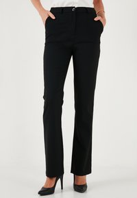 Black tailored trousers with a straight leg design, featuring a button closure and side pockets, made from a smooth fabric.