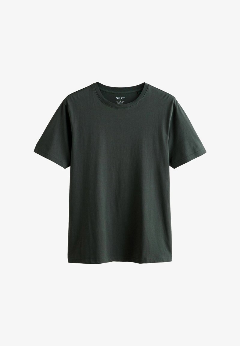 Tricou scurt cu mânecă scurtă, de culoare verde închis, slim-fit, cu design simplu pe un fundal alb.