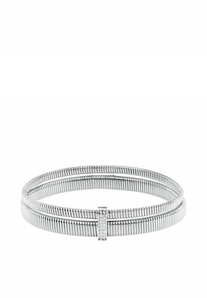 Braccialetto doppio a spirale in argento con una barra verticale incastonata con piccoli gioielli chiari come chiusura.