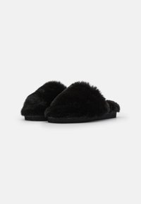 Black fur slip-on slippers with a plush texture and flat rubber sole. Rounded front and open back design for easy wear.