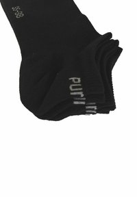 Schwarze Knöchelsocken aus einem weichen, dehnbaren Material, mit einem gerippten Muster und einem weißen aufgedruckten Markennamen am Bund.