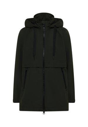 Donkergroene hoodie-jack met een vooraan gecentraliseerde rits, twee zijzakken met ritsen en een ontspannen pasvorm. Gladde, lichte stof.