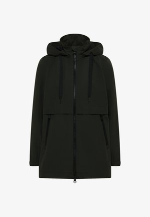 Donkergroene hoodie-jack met een vooraan gecentraliseerde rits, twee zijzakken met ritsen en een ontspannen pasvorm. Gladde, lichte stof.