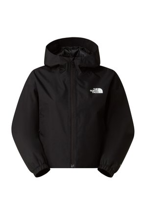 Jachetă neagră cu glugă, fermoar frontal și manșete elastice, cu logo alb "The North Face" pe piept.