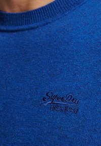 Pull ras du cou bleu en tissu tricoté. Présente une texture subtile et un logo brodé en bleu plus foncé sur la poitrine.