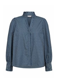 Jūras karaflotes un baltas svītrainas blūze ar stāvošu apkakli, kritieniem pleciem un savilktām piedurknēm. Gaisīgs audums ar teksturētu apdari.