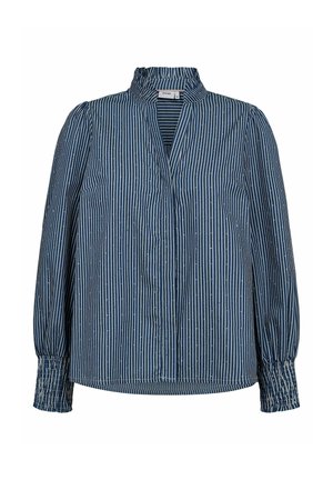 Tamsiai mėlynas ir baltas raštuotas palaidinė su stovinčiu apykakle, krintančiomis pečių linijomis ir raukšlėtomis rankovėmis. Lengvas audinys su tekstūruotu paviršiumi.