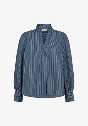 Tamsiai mėlynas ir baltas raštuotas palaidinė su stovinčiu apykakle, krintančiomis pečių linijomis ir raukšlėtomis rankovėmis. Lengvas audinys su tekstūruotu paviršiumi.