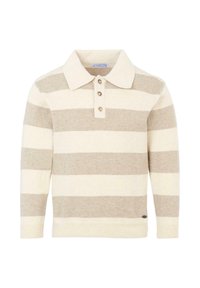 Gestreepte trui in crème en beige, met een kraag en drie knopen. Gebreid ontwerp met geribde manchetten en zoom.