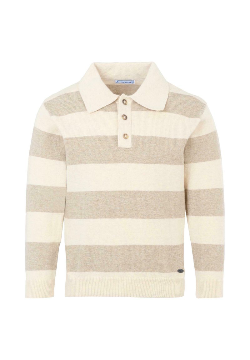 Gestreepte trui in crème en beige, met een kraag en drie knopen. Gebreid ontwerp met geribde manchetten en zoom.
