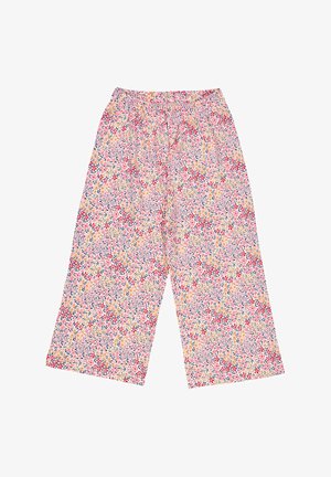 Bloemenprint culottes met een pastelroze achtergrond en rode, gele en blauwe bloemen. Gemaakt van lichtgewicht stof; met een elastische tailleband.