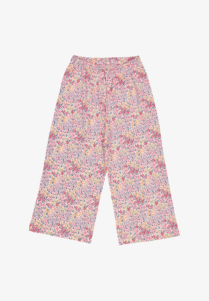Floral-print culottes feature a pastel pink background with red, yellow, and blue flowers. Made from lightweight fabric; elastic waistband.