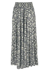Lange, vloeiende rok van lichtgewicht stof met een elastische tailleband. Heeft een crèmekleurige achtergrond en verfijnde marineblauwe bloemenpatronen.