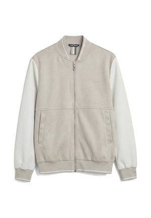 Giacca bomber beige chiaro con zip, maniche bianche, polsini a coste e due tasche frontali.