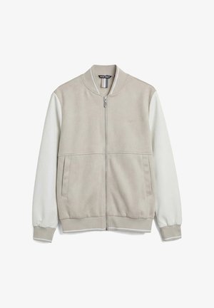 Blouson bomber beige clair à fermeture éclair, manches blanches, poignets côtelés et deux poches avant.