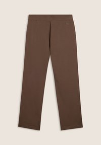 Pantaloni marroni aderenti realizzati in tessuto morbido. Presentano un design semplice con una texture liscia e senza modelli o decorazioni visibili.