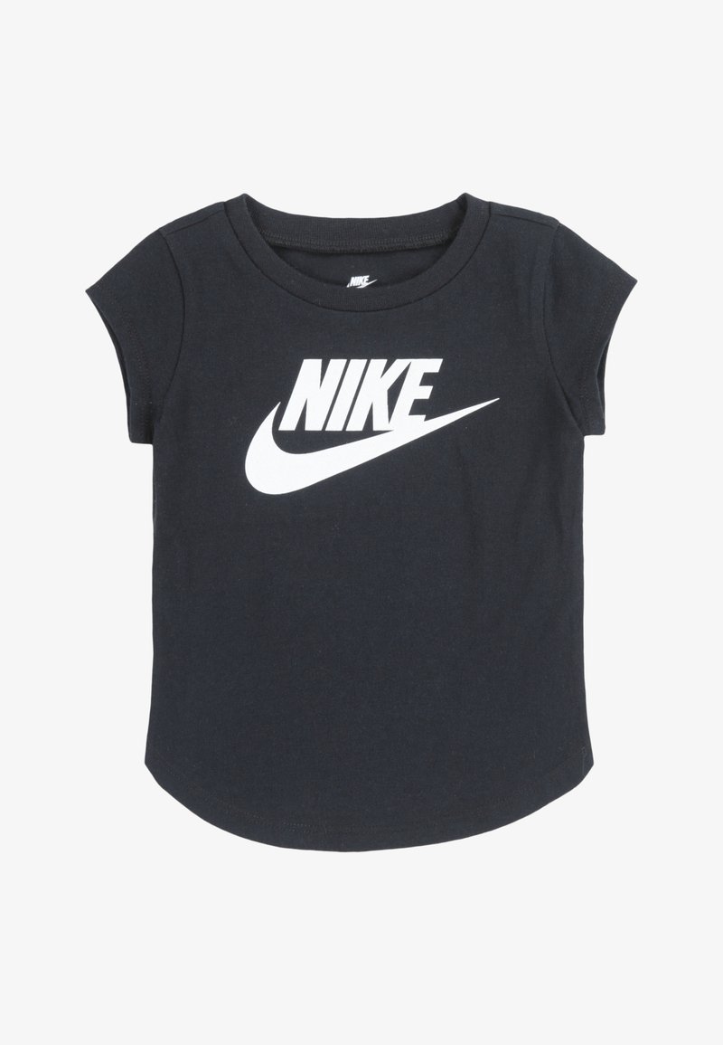 Czarny bawełniany t-shirt z krótkimi rękawami i okrągłym dekoltem, z dużym białym logo Nike i znakiem Swoosh na piersi.