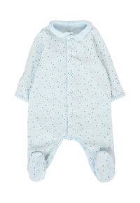 Body neonato azzurro chiaro mostrato, realizzato in tessuto morbido, con colletto, maniche lunghe, chiusura frontale a pressione e motivi di stelle blu scure sparse.