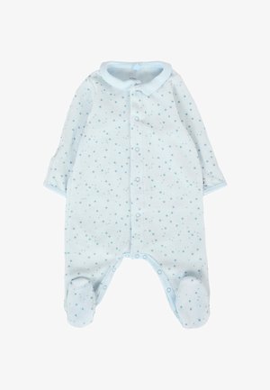 Jasnoniebieska body dla niemowlaka, wykonana z miękkiego materiału, z kołnierzykiem, długimi rękawami, zapinana z przodu na zatrzaski, z rozproszonymi ciemnoniebieskimi wzorami gwiazdek.