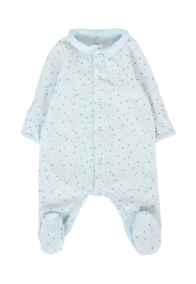 Body neonato azzurro chiaro mostrato, realizzato in tessuto morbido, con colletto, maniche lunghe, chiusura frontale a pressione e motivi di stelle blu scure sparse.