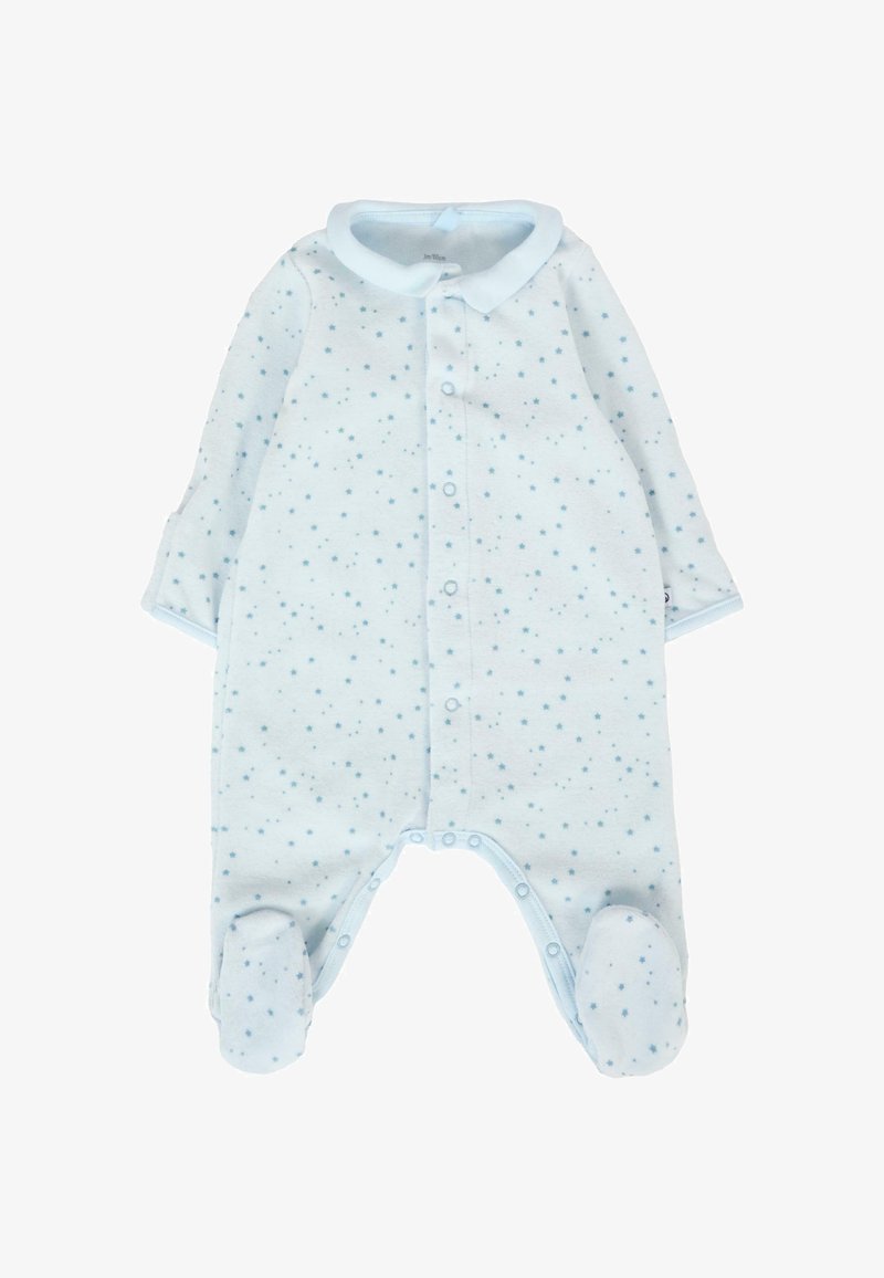 Body neonato azzurro chiaro mostrato, realizzato in tessuto morbido, con colletto, maniche lunghe, chiusura frontale a pressione e motivi di stelle blu scure sparse.