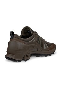 Brown hiking shoe with a textured rubber sole, mesh accents, and a padded collar. Features a logo, minimalistic design, and reinforced heel.