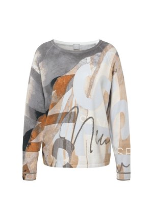 Langärmliger Pullover mit einem gemischten Muster in Grau, Beige und Orange, weicher Textur, rundem Ausschnitt und dezenten metallischen Akzenten.