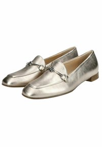 Metallic silver loafers with a sleek design, rounded toe, low heel, and decorative hardware accent across the top. Smooth texture.