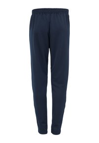 Marineblauwe sportieve joggers met een elastische tailleband, taps toelopend ontwerp en gladde stof. Geen zichtbare zakken of ontwerpaccenten.