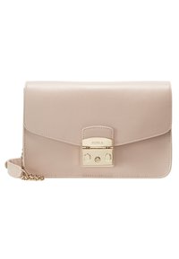 Beige leather crossbody bag with gold-tone metal clasp engraved "Furla" and a chain detail on the strap.