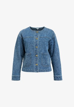 Denimjakke med blå farge, rund hals, knappestolpe foran med gullknapper, to frontlommer og teksturert finish.
