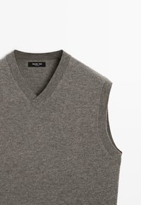 Gray sleeveless knit vest with V-neck and ribbed edges, labeled Massimo Dutti, laid flat on a white background.