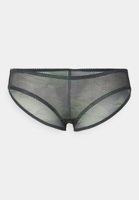Gjennomsiktig mesh grønn og svart hipster truser med bølget blonder langs midjen og benåpningene. Minimalistisk kamuflasjemønster synlig.