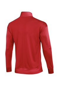 Red long-sleeve pullover with a high collar, made of smooth, lightweight fabric. Features subtle texture and streamlined design at shoulders.