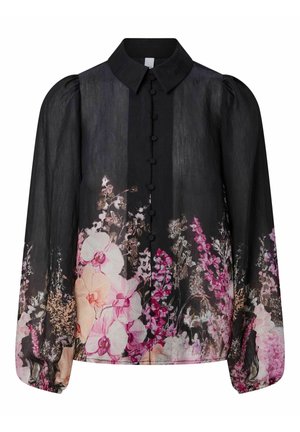 Črna prosojna bluza s puhasto dolgimi rokavi, gumbi prekriti z istim tkanim materialom spredaj in cvetličnim vzorcem v rožnati, beli in vijolični barvi ob spodnjem robu in na rokavih.