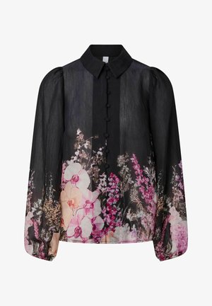 Črna prosojna bluza s puhasto dolgimi rokavi, gumbi prekriti z istim tkanim materialom spredaj in cvetličnim vzorcem v rožnati, beli in vijolični barvi ob spodnjem robu in na rokavih.
